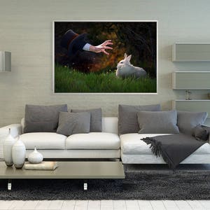 May include: A white rabbit sits in a grassy field, looking up at a hand reaching out from a top hat. The hand is wearing a black glove. The background is a blurred image of trees and bushes.