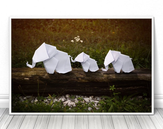 Elephant family origami creative photography, High quality living room print, Paper art on nature poster, Unique wall decor gift