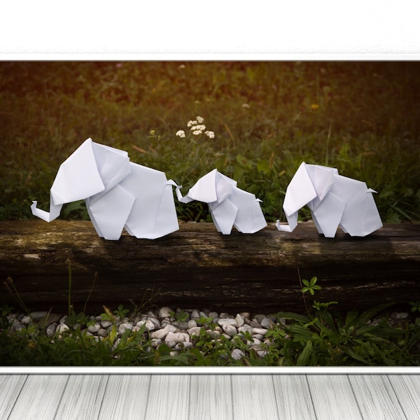 Elephant family origami creative photography, High quality living room print, Paper art on nature poster, Unique wall decor gift