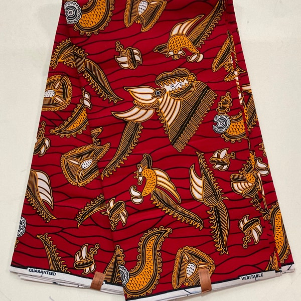 African Print Fabric/Ankara - Red, Brown, Orange 'Fancy & Formidable' Design, YARD or WHOLESALE