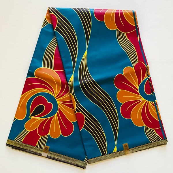 African Print Fabric/ Ankara - Teal, Caramel, Dark Red 'Hausa Blooms', YARD or WHOLESALE