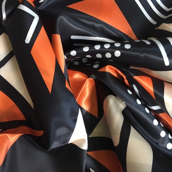 African Print, Satin Fabric- Black, Orange, Cream "Nonye", Per Yard
