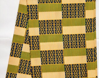 African Print Fabric/ Kente/ Ankara -  Green & Blue Regal 'Asantehene' Design, Per Yard