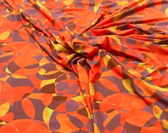 African Print, Elastic Knit Fabric- Orange, Gray- Purple, Green, Brown "Chiasoka", Per Yard