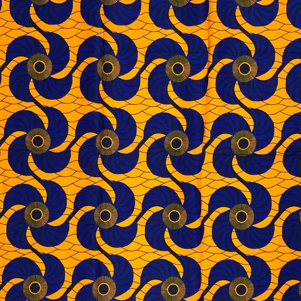 African Print Fabric/ Ankara - Orange, Blue 'Spinna' Design