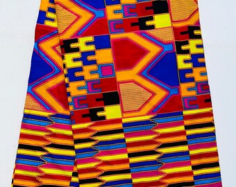 African Print Fabric/ Ankara - Blue, Orange, Red 'Shakirat' Kente, YARD or WHOLESALE