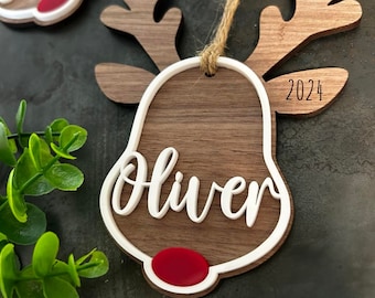 Personalized Reindeer Christmas Ornament: Walnut Stocking Tag