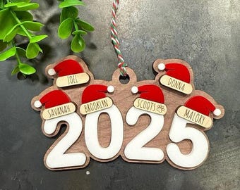 Personalized Family Ornament 2025: Santa Hat Wood Ornament