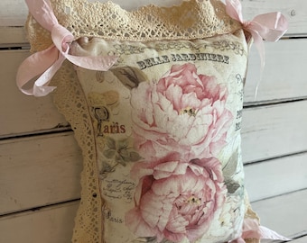 Pink Peony & Lace Pillow Small Decorative Pillow