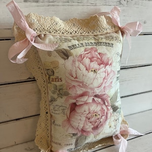 Pink Peony & Lace Pillow Small Decorative Pillow image 1