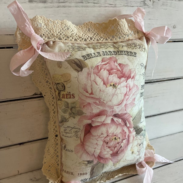 Pink Peony & Lace Pillow Small Decorative Pillow