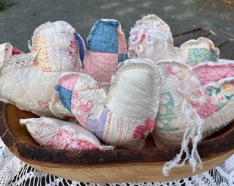 Vintage Valentine Hearts, Fabric Heart Bowl Fillers , Antique Quitled Hearts SET OF 3 VARIOUS sizes