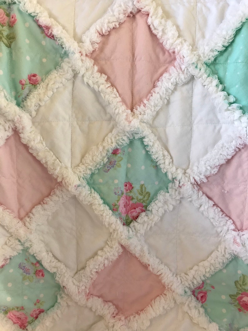 Cottage Core , Shabby Pastels Rag Banket/Quilt with Matching Pillow image 6