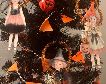 Adornos de muñecas de papel vintage para Halloween: decoraciones retro hechas a mano,