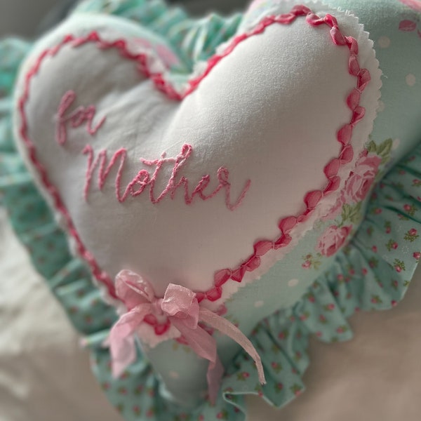 Gift for Mom , Hand Embroiderd  Heart Pillow With Back Pocket ! Shabby Ruffled Heart Shaped Book Pillow