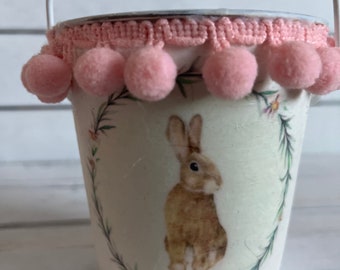 Bunny Tin Pail with Pink PomPoms.  Bunny Decorations .
