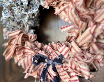 Handmade Patriotic Rag Wreath –Coffee Stained Rustic Americana Red White Blue Fabric & Stars Farmhouse Holiday SMALL Measures  11-12 Inches