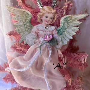 Ornamento a forma di angelo in carta rosa pastello ispirato al vintage, decorazione natalizia shabby chic, albero di Natale rosa