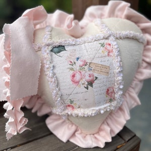Heart Pillow / Ruffles,  Live Life in Full Bloom, Script Pillow Pretty Pink and Cream Pillow Springtime Easter Pillow
