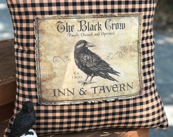 Primitive Home Pillow Cover, Black Crow Grunge Pillow Ready to Ship, Goth Pillow Covers