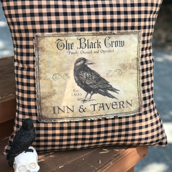 Primitive Home Pillow Cover, Black Crow Grunge Pillow Ready to Ship, Goth Pillow Covers