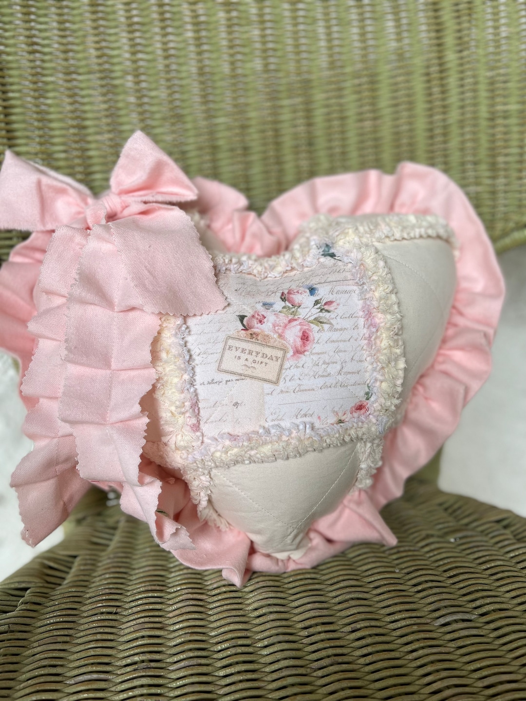 Heart Pillow, Vintage Inspired Ruffled Heart Pillow, Every Day is A