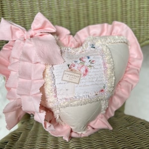 Heart Pillow, Vintage Inspired Ruffled Heart Pillow, Every Day is A Gift, Pinks & Creams Shabby Rose Pillow