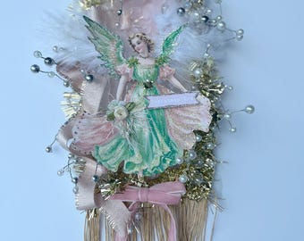 Adorno navideño de ángel hecho a mano para Nochebuena – Estilo victoriano vintage, rosa y dorado