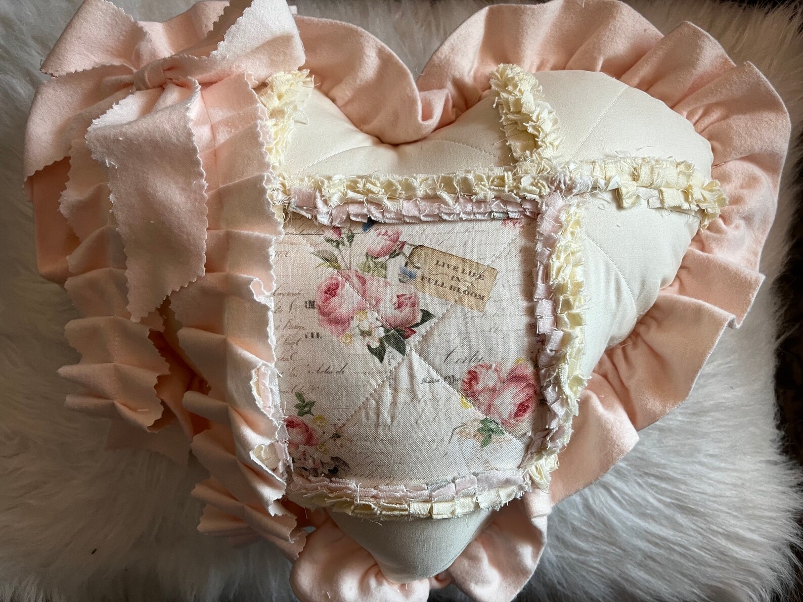 Heart Pillow / Ruffles Live Life in Full Bloom Script Pillow Etsy