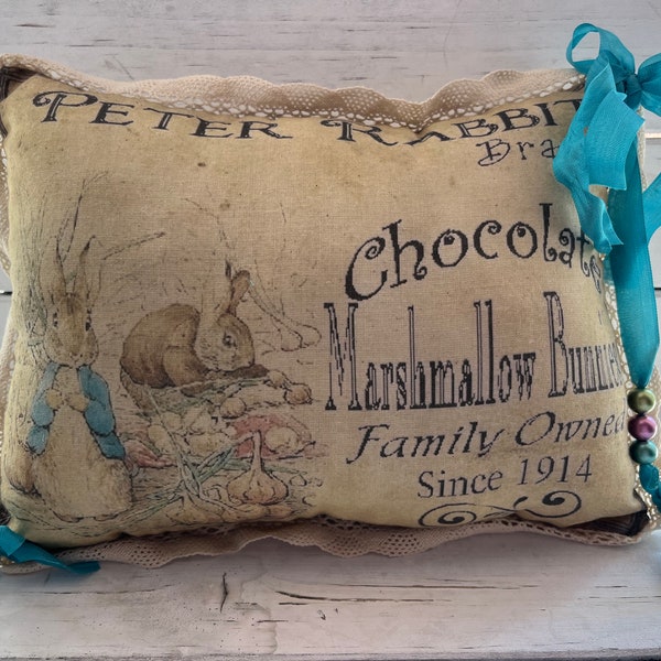 Vintage Inspired Bunny Pillow,  Chocolate Marshmallow Bunny Decorative Pillow