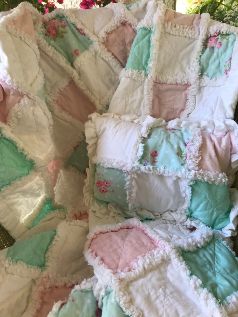 Cottage Core , Shabby Pastels Rag Banket/Quilt with Matching Pillow image 1