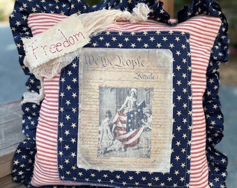 Americana Pillow Cover: 4th OF JULY  'We the People' Print, Homespun Cotton