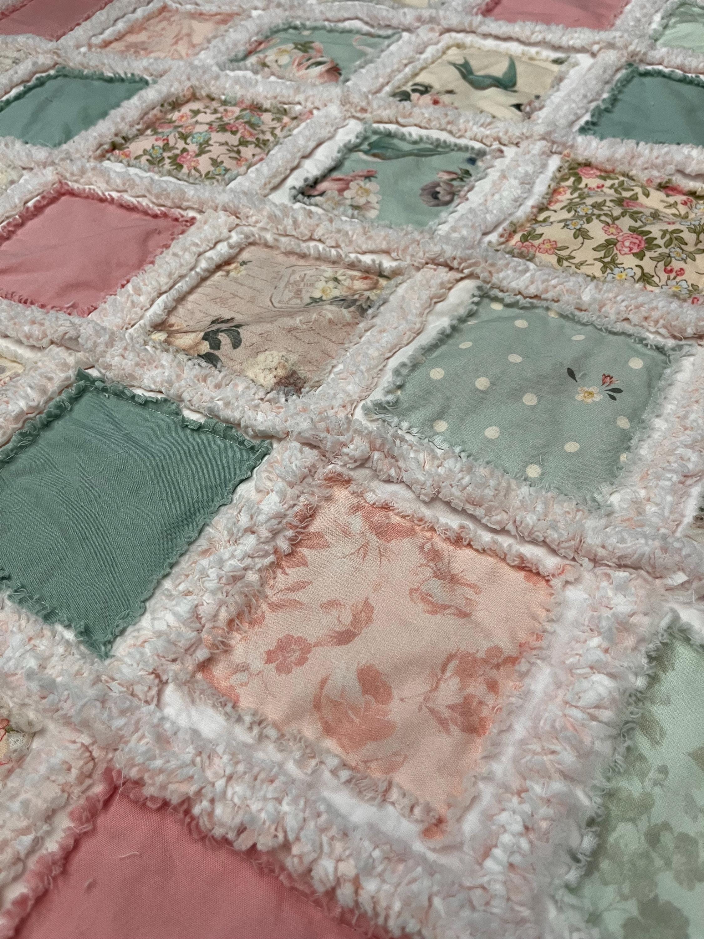 Pink Rag Quilts English Roses Rag Quilt, Pink and Green Handmade Baby Blanket, Shabby ...