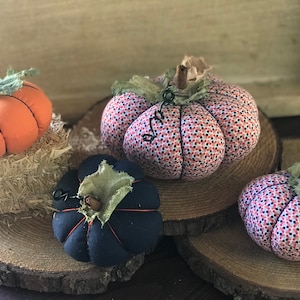 Modern Farmhouse Pumpkins ,Modern Fabric Pumpkins ,Halloween Decor , Fabric Halloween Pumpkins, Navy& Orange Pumpkins 4 Piece