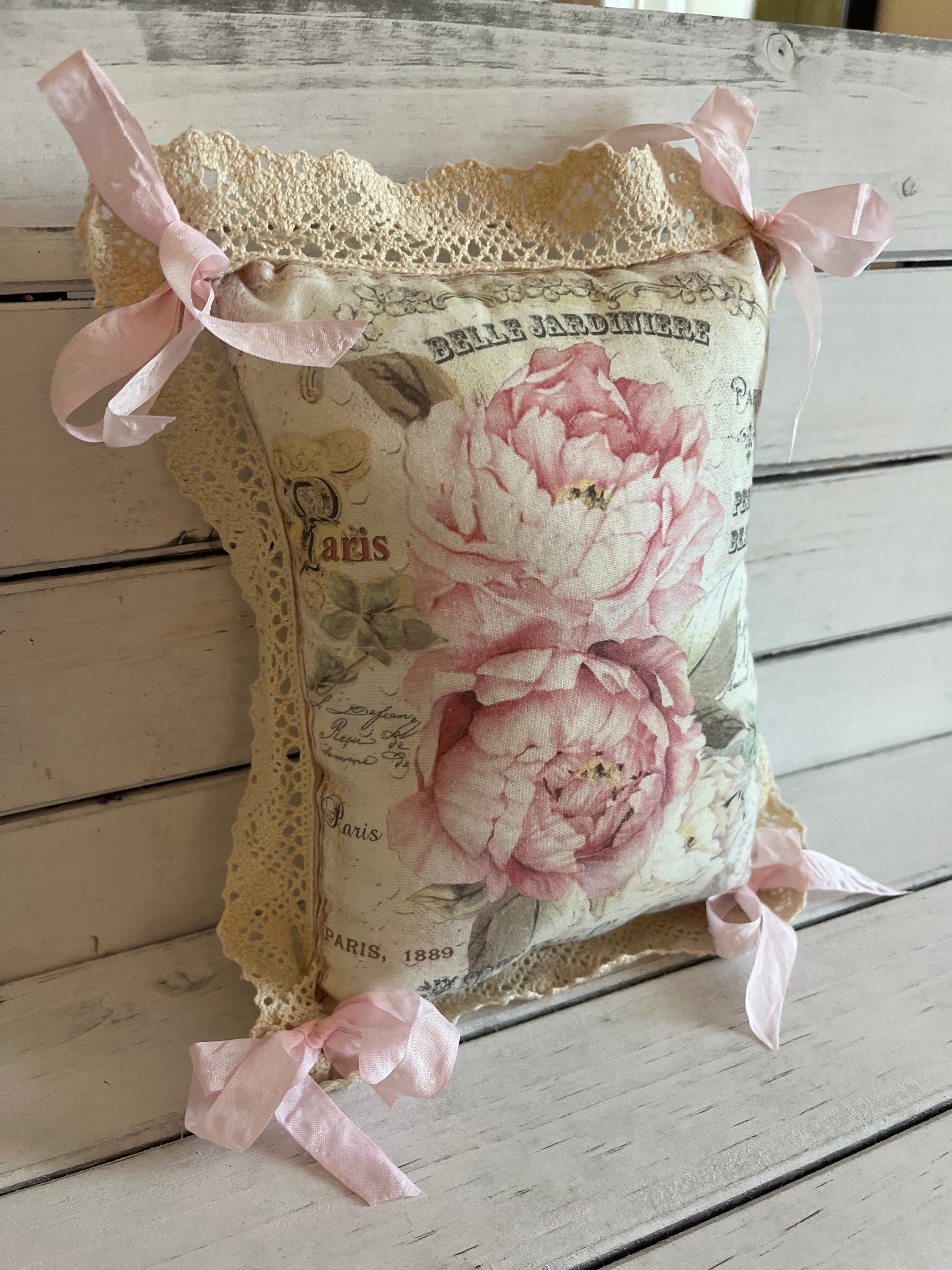 Pink Peony & Lace Pillow Small Decorative Pillow Little Shelf Tuck 8x6 "