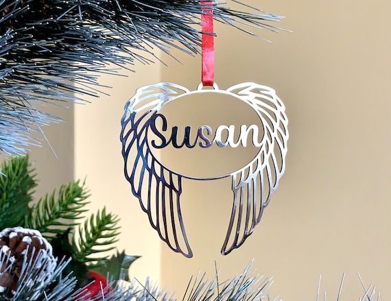 Personalized Angel Wings - Custom Name Ornament - Keepsake Memorial Gift - Stainless Steel - Family Names, Birthday Gift for Her, Mom or Dad