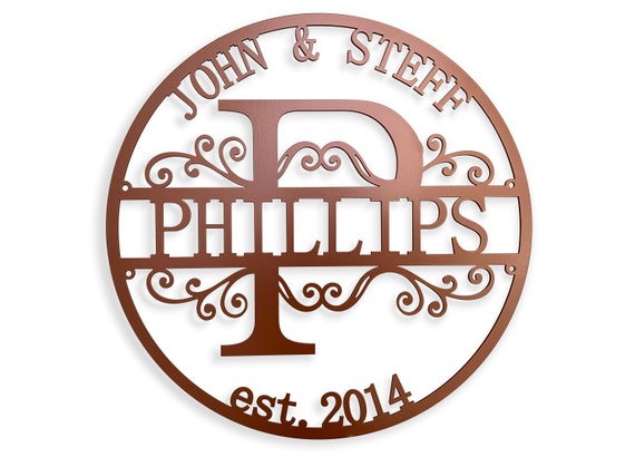 Personalized Last Name Family Sign Metal in Copper Initial Split Letter Wedding Gift Custom Names Est Year Established Wall Hanging Monogram