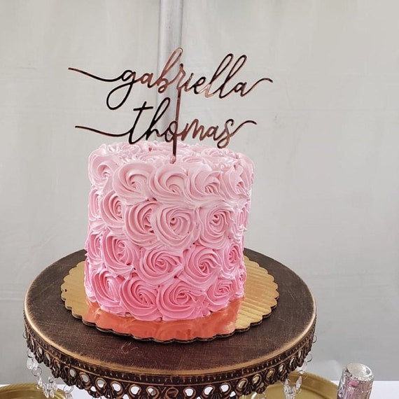 2 Personalized Gold Mirrored Wedding Cake Toppers Couples Names Calligraphy Bride & Groom Mr  Mrs First Name Custom Bridal Shower Decoration