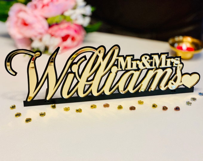 Mr & Mrs Wedding Personalized Last Name Sign Custom Top Table Freestanding Sign Sweetheart Table Decorations Surname Gold Black Centerpieces
