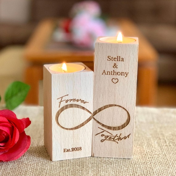 Personalized Wooden Candle Holder Infinity Love Custom Engraved Names Couples Gift Wood Tea light Candle Forever Together Save the Date Est.