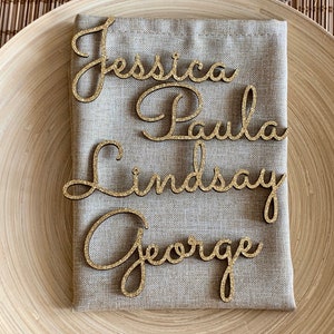 Gold Glitter Custom Wedding Laser Cut Names Personalized Wooden Table Cards Place Name Settings Guest Party Escort Cards Customise Wood Tags image 4