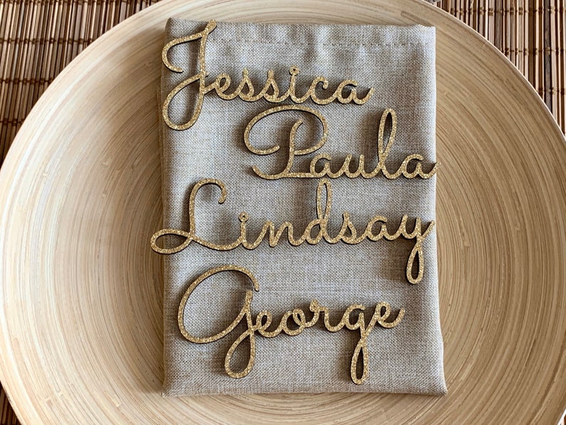 Gold Glitter Custom Wedding Laser Cut Names Personalized Wooden Table Cards Place Name Settings Guest Party Escort Cards Customise Wood Tags image 4