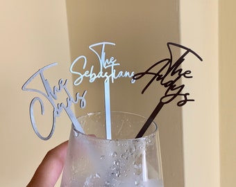 Agitateurs de boissons personnalisés en acier inoxydable avec calligraphie - Accessoires de cocktail de mariage personnalisés - Bâtonnets d'agitateur en métal