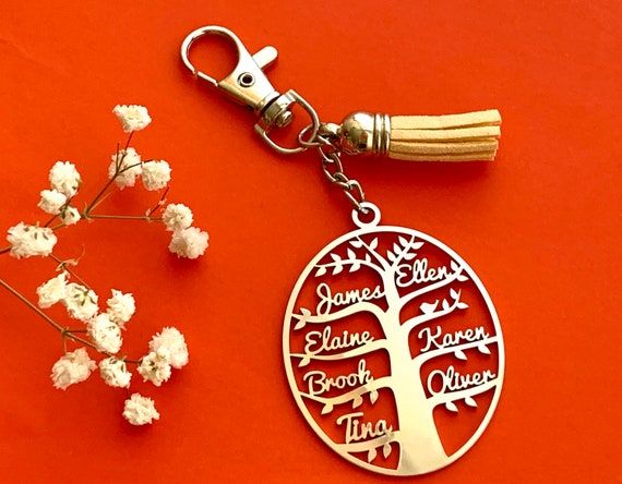 Personalized Family Name Tree of Life Keychain Necklace Oval Custom Metal Keyring Laser Cut Family Names Key Chain Mother's Day Gift for Mom