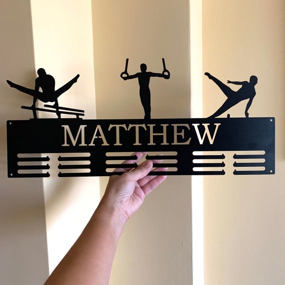 Gymnastics Medal Holder for Men - Custom Name, Three Male Figures, Personalized Metal Display Rack Awards Pommel Horse Rings Parallel Bars