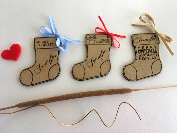 Engraved Personalised Wooden Christmas Tags Stocking Stars Baubles Add Your Name