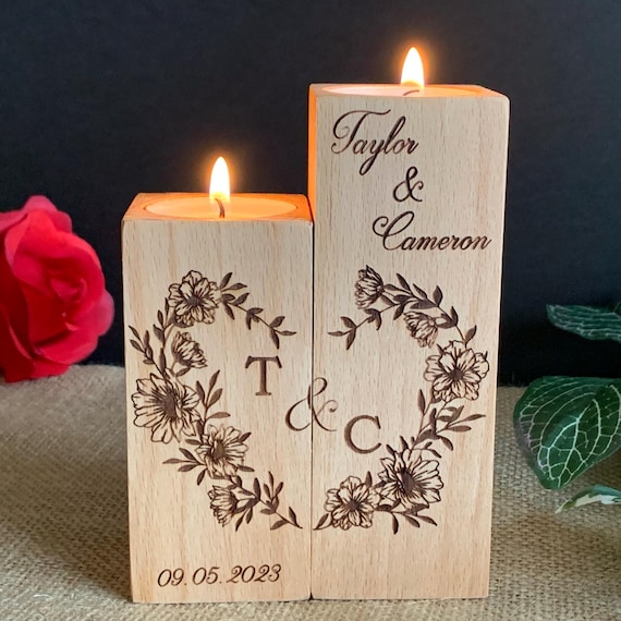 Personalized Candle Holder Custom Names, Special Date & Initials Wood Engraved Floral Heart Wreath Wedding Tealight Holder Mothers Day Gift