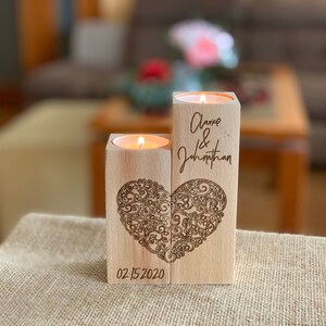 Personalized Wood Candle Holder Custom Names and Special Date Heart Shape Love Tealight Candle Holder Anniversary Gift for Couples image 10