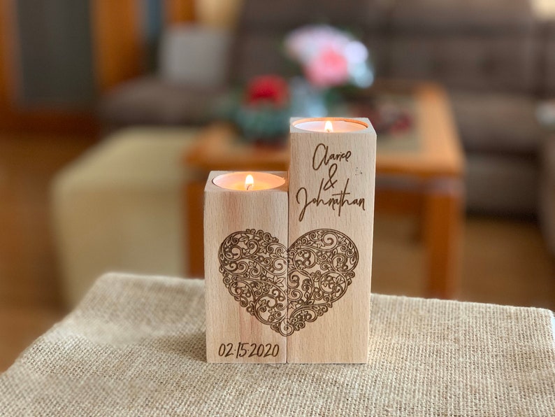 Personalized Wood Candle Holder Custom Names and Special Date Heart Shape Love Tealight Candle Holder Anniversary Gift for Couples image 10