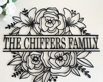 Custom Family Name Sign - Personalized Metal Flower Garden Wall Art - Front Door Wreath